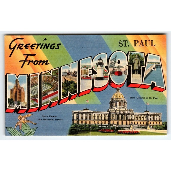 Greetings From St Paul Minnesota Large Letter Postcard Linen Unused Tichnor Bros
